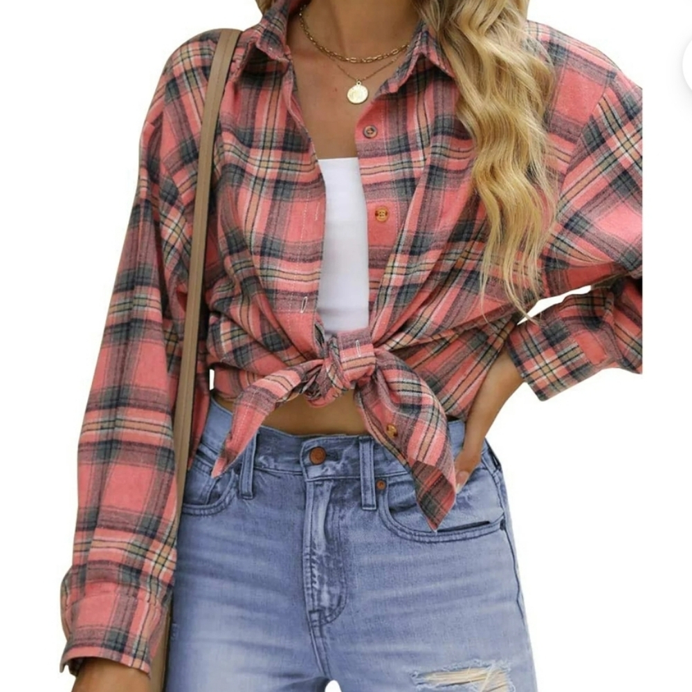 Fantaslook. Pink Plaid Button Down Flannel Shirt. Sizes: S, L, XL & 2X. NWT.